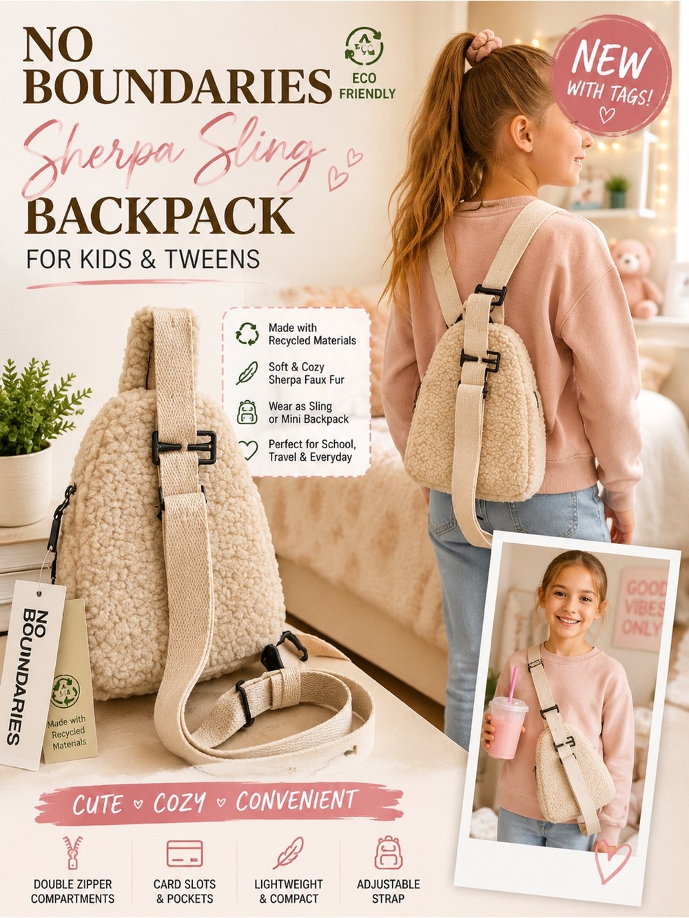 No Boundaries Soft Faux Sherpa Kid's Sling Backpack Eco Friendly NWT